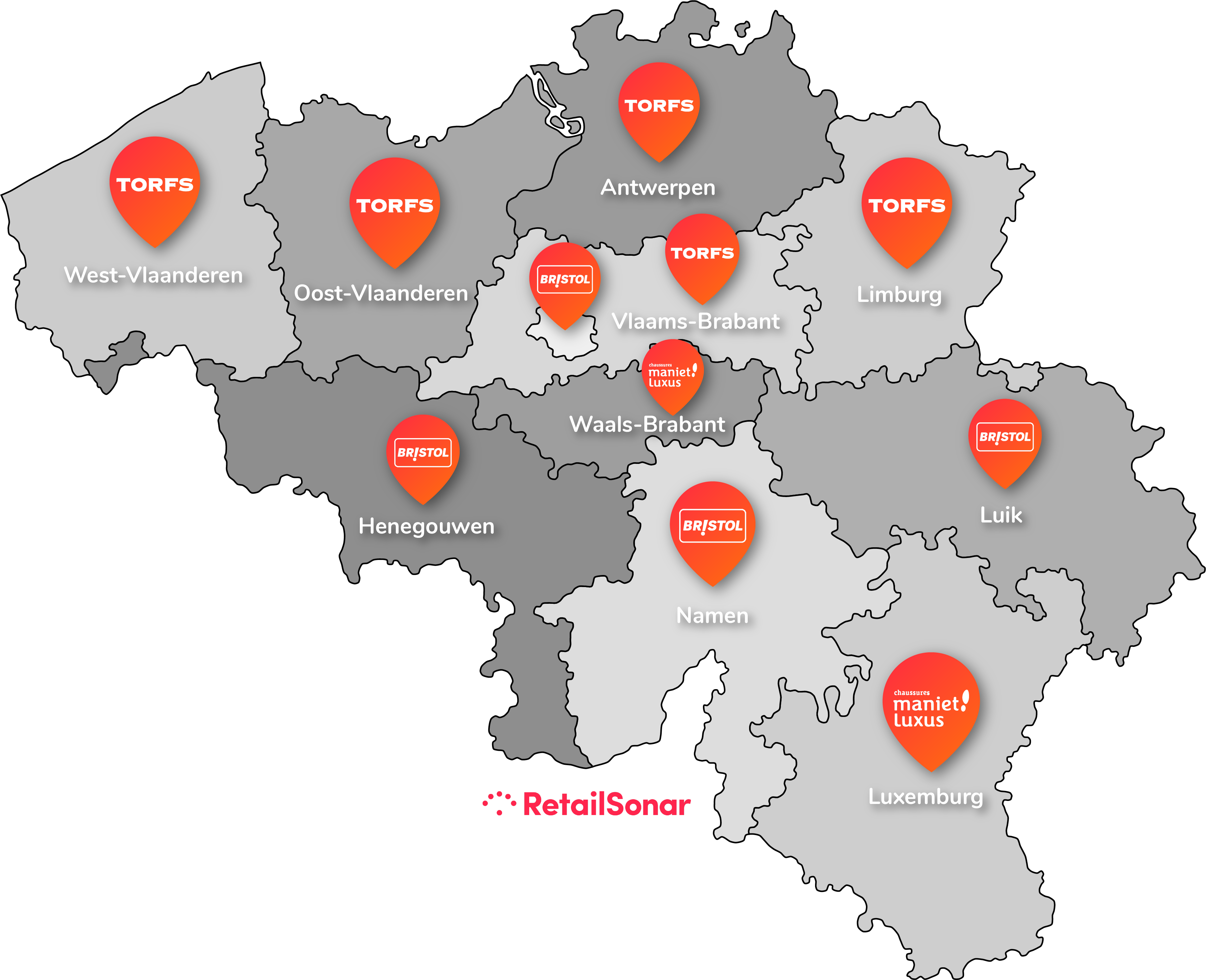Kaart België per provincie de schoenenwinkel waar het meest verdiend wordt
